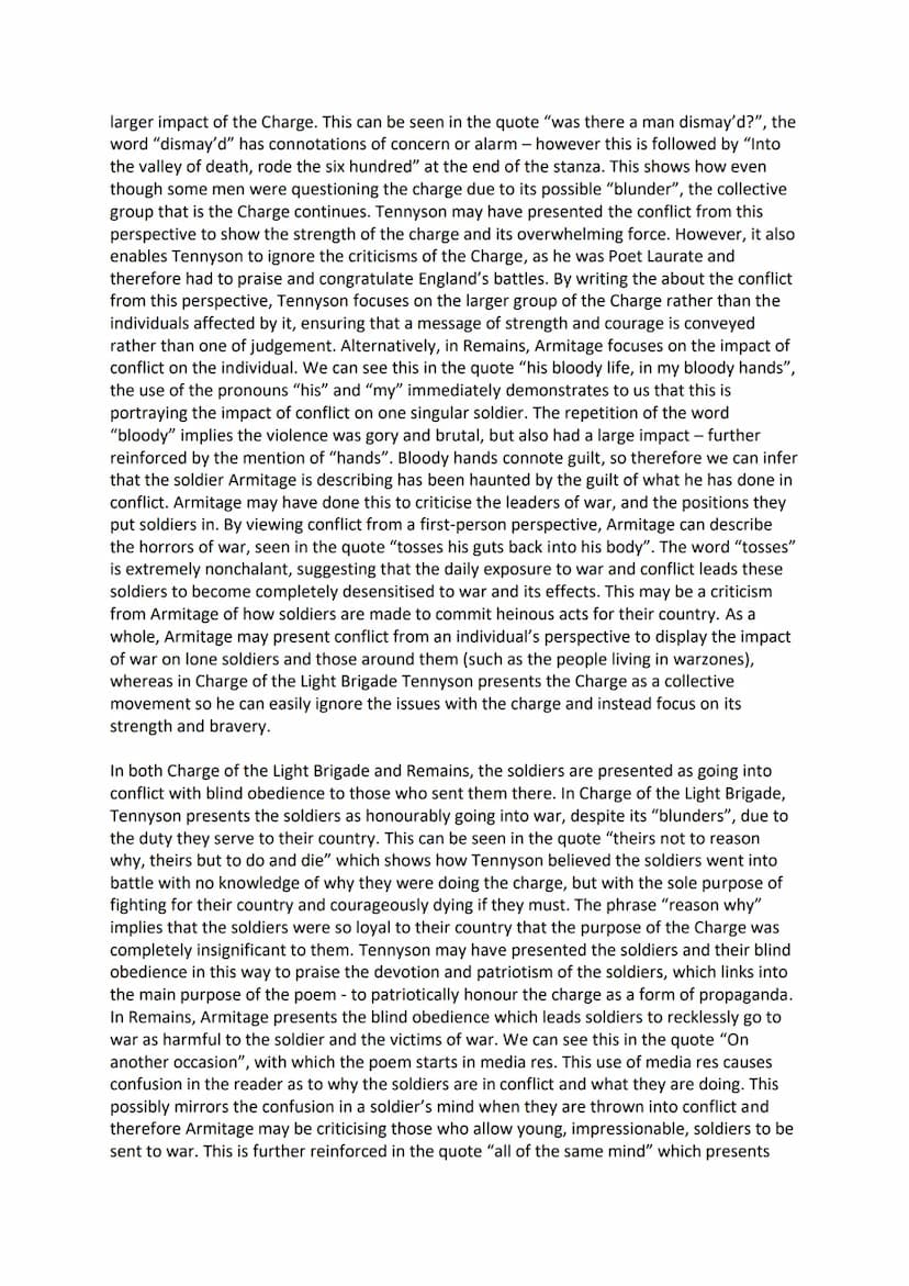 Compare how Charge of the Light Brigade and one other poem presents conflict.
In Charge of the Light Brigade and Remains, both poets present