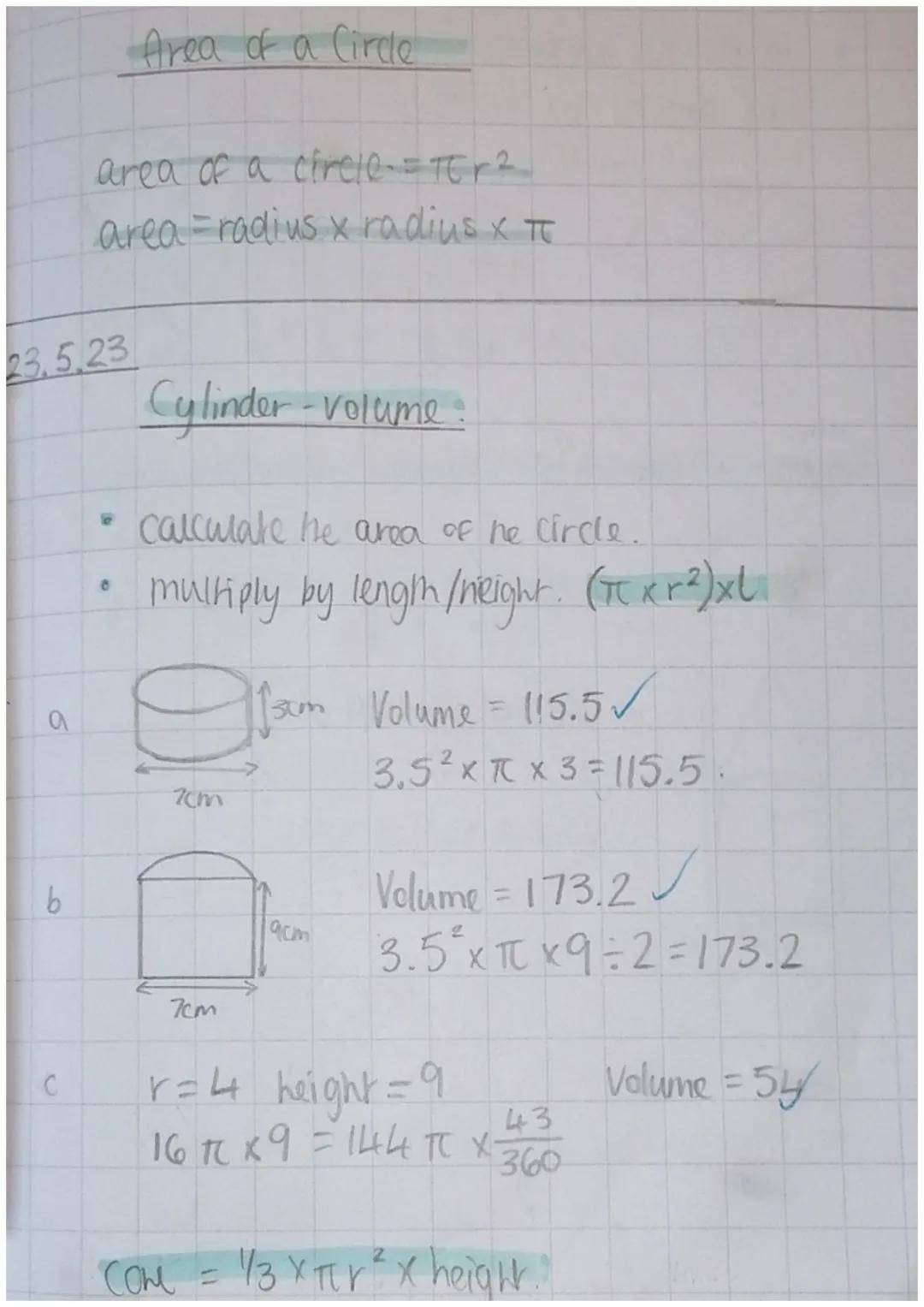 23.5.23
a
b
C
area of a circle- = TEr ²
area radius x radius X π
Area of a Circle
8
Cylinder - volume:
calculate the area of the circle.
mul
