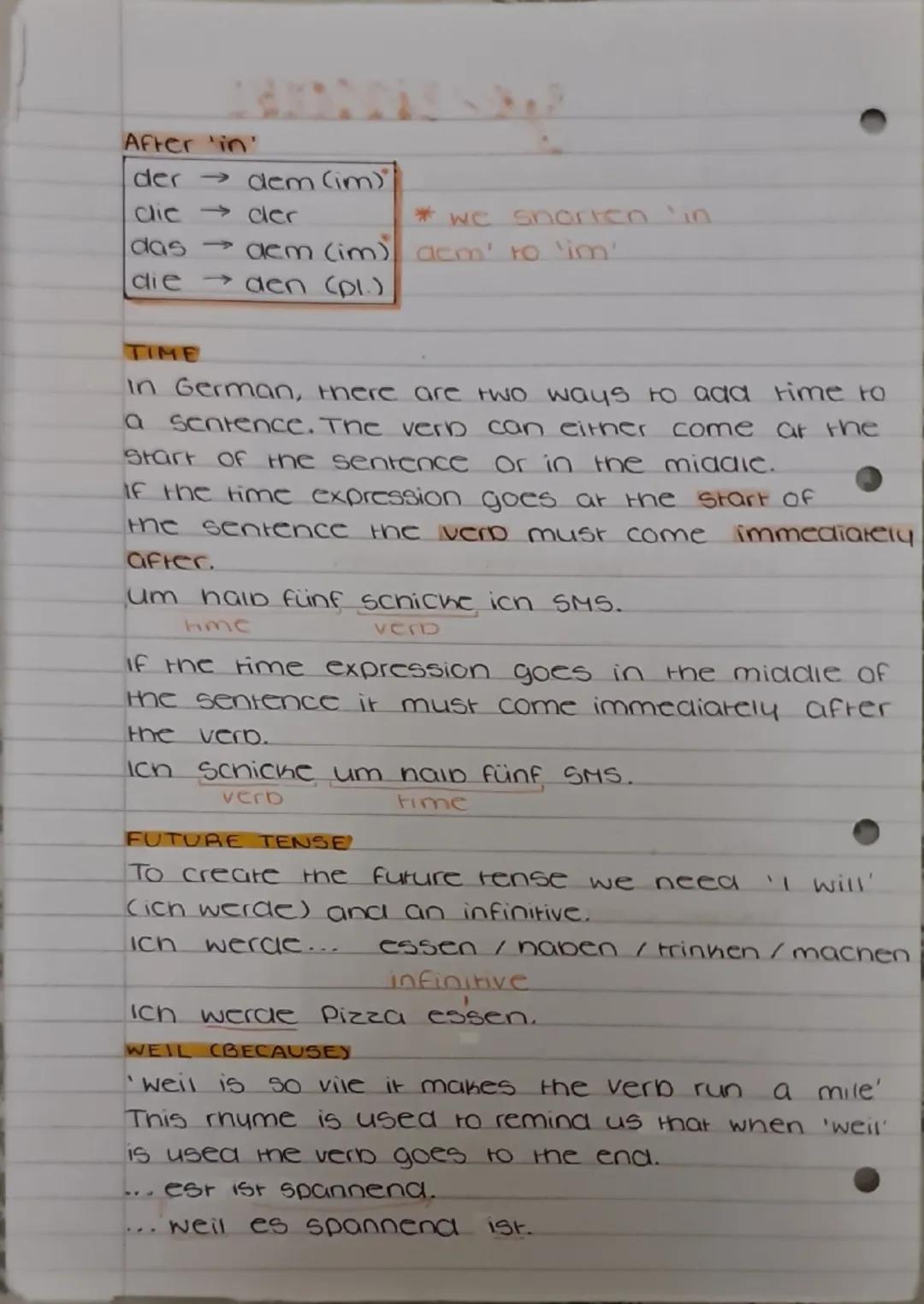 --- OCR Start ---
german
TIME MANNER - PLACE
in German, when you have more than one of
these ciements in a sentence, they must go in
the ord