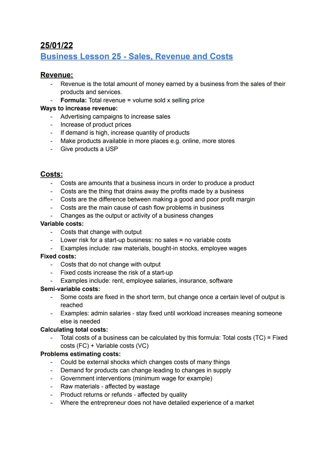 Business Studies - Sales, Revenue and Costs