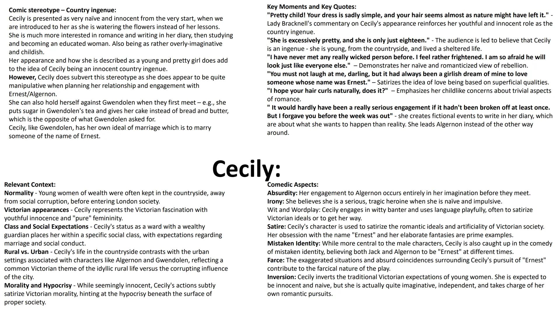 'The Importance of Being Earnest' - Character Profiles: --- OCR Start ---
Comic stereotype - Country ingenue:
Cecily is presented as very na