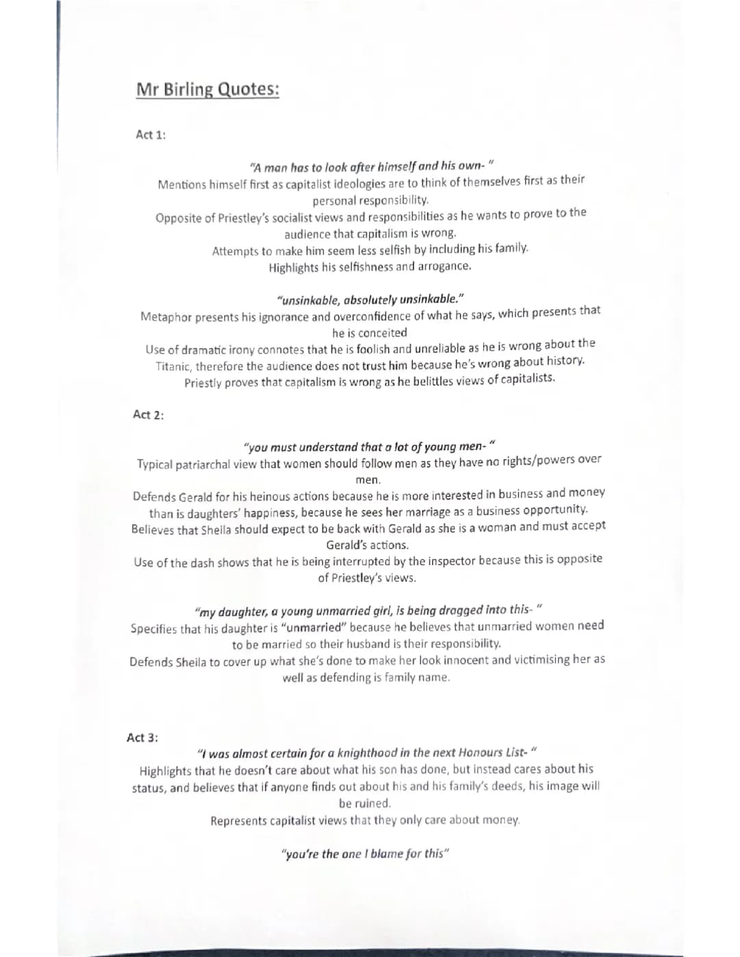 Grade 9 Arthur Birling Analysis