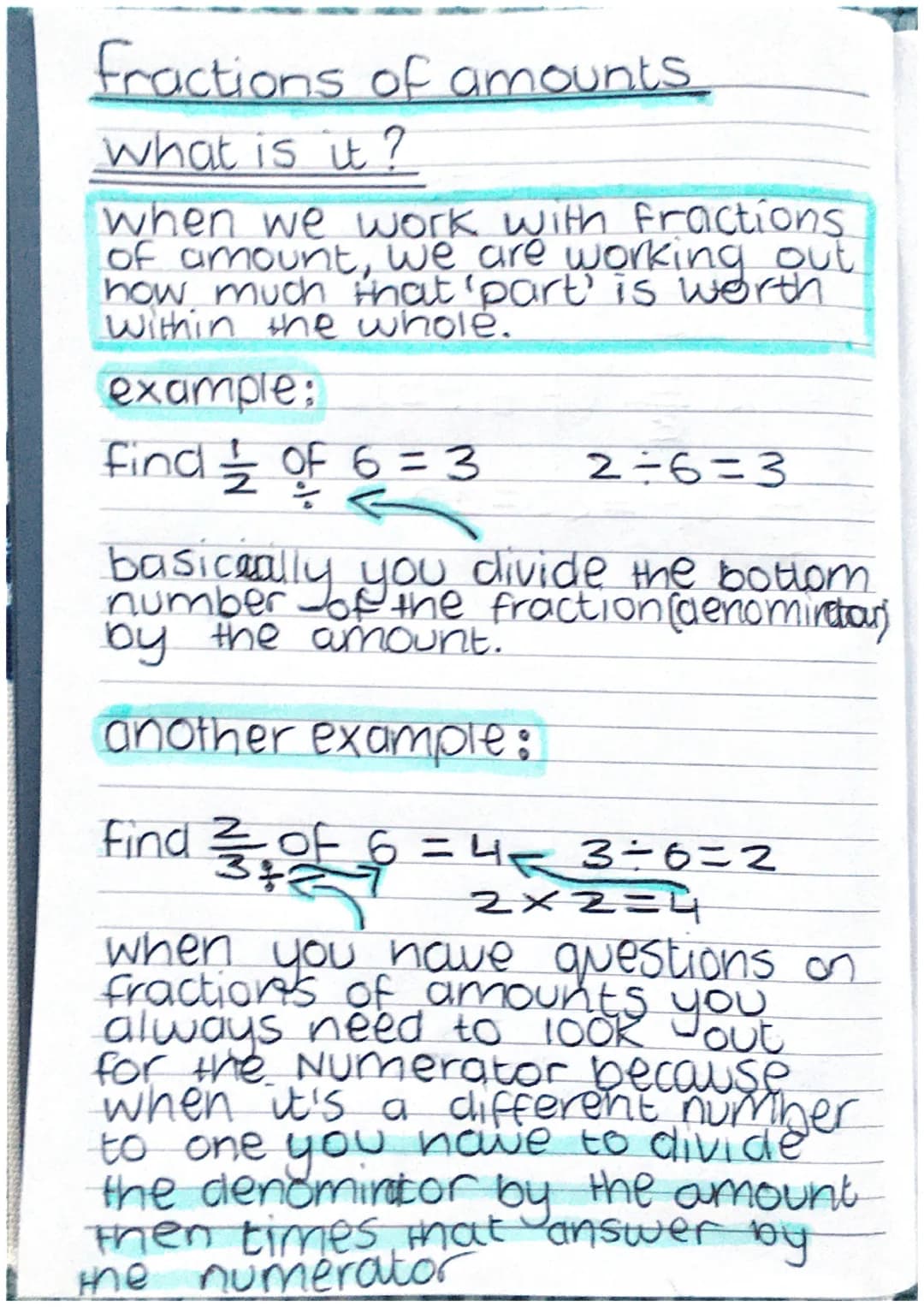 fractions of amounts
what is it?
when we work with fractions
of amount, we are working out
how much that 'part is worth
within the whole.
ex