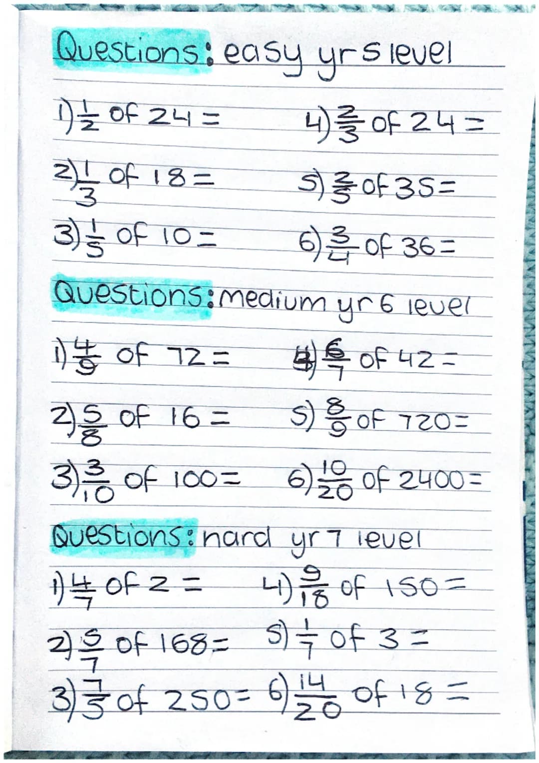 fractions of amounts
what is it?
when we work with fractions
of amount, we are working out
how much that 'part is worth
within the whole.
ex