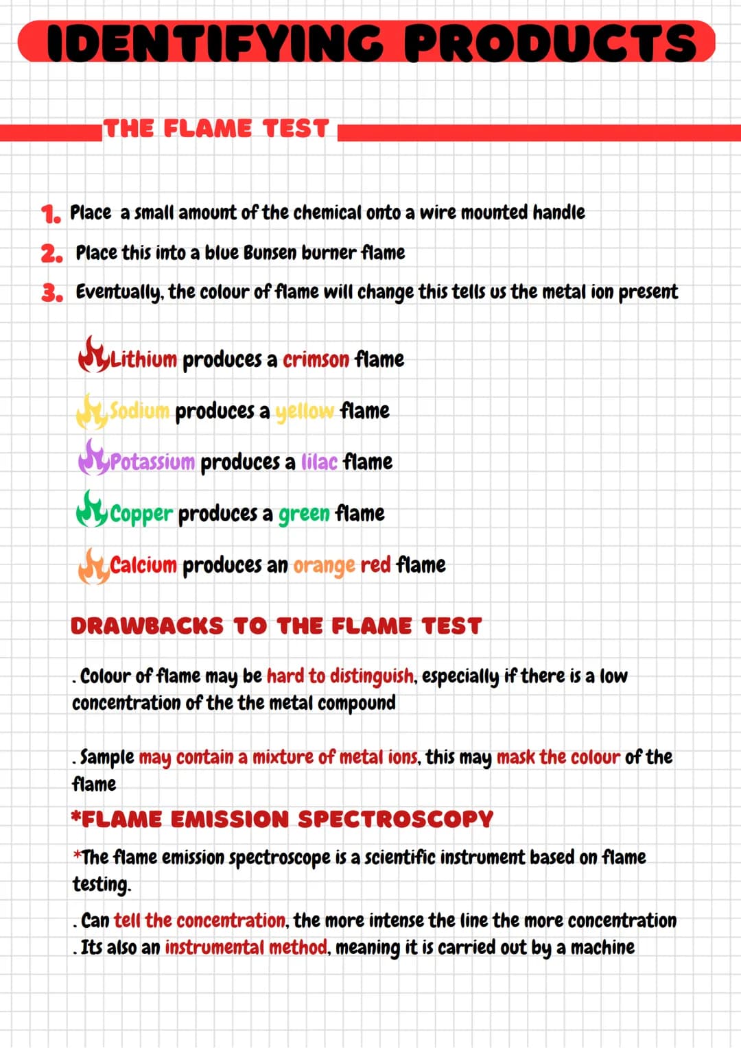 IDENTIFYING PRODUCTS
THE FLAME TEST
1. Place a small amount of the chemical onto a wire mounted handle
2. Place this into a blue Bunsen burn