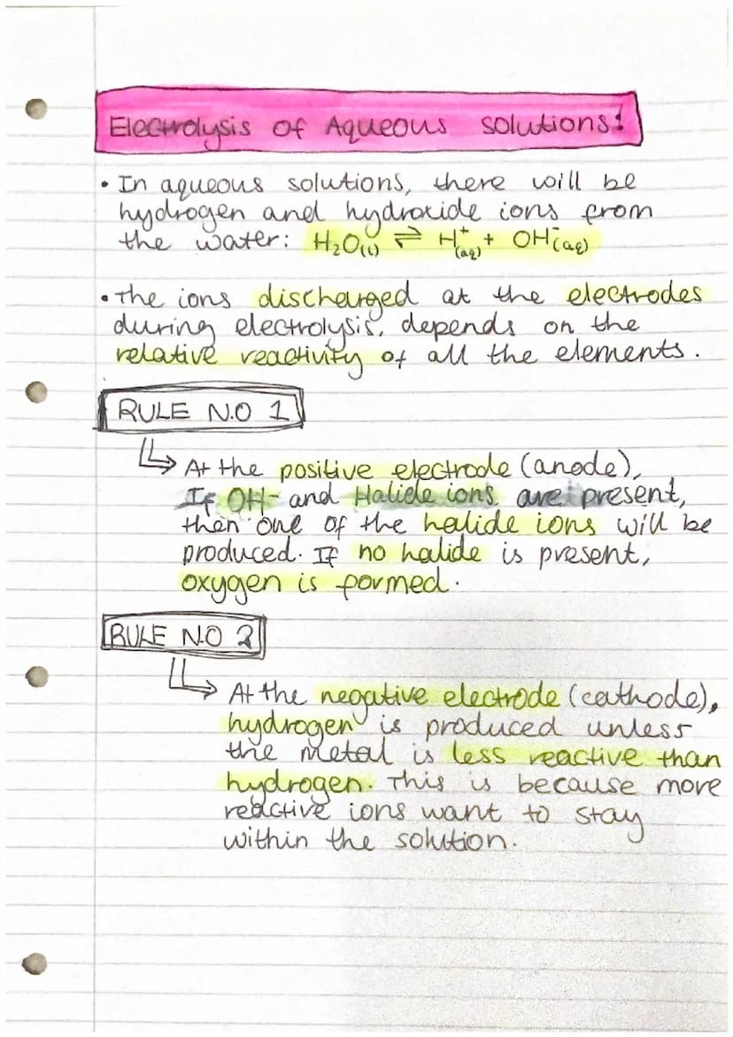 Pages
100-103
electrolysis
(Electrolysis means "splitting up with
electricity's
• When an ionic substance is melting
or dissolved the ions a