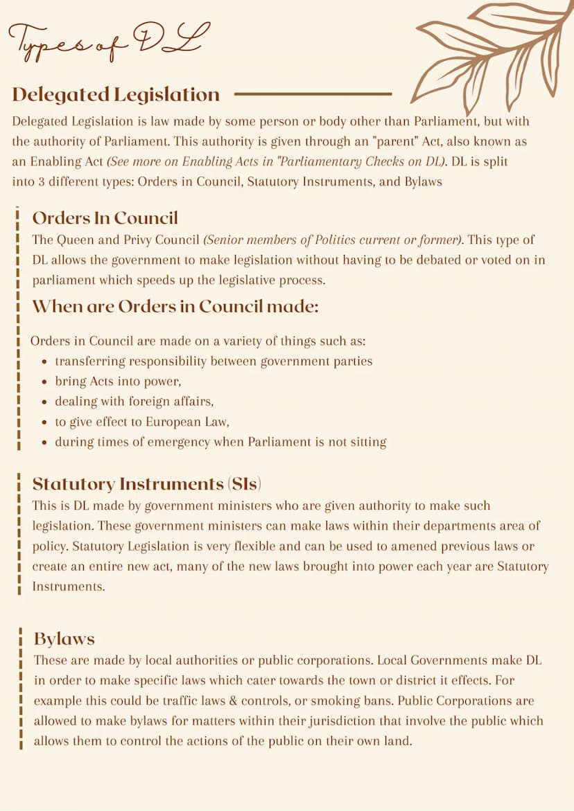 
<p>Delegated Legislation is law made by some person or body other than Parliament, but with the authority of Parliament. This authority is 