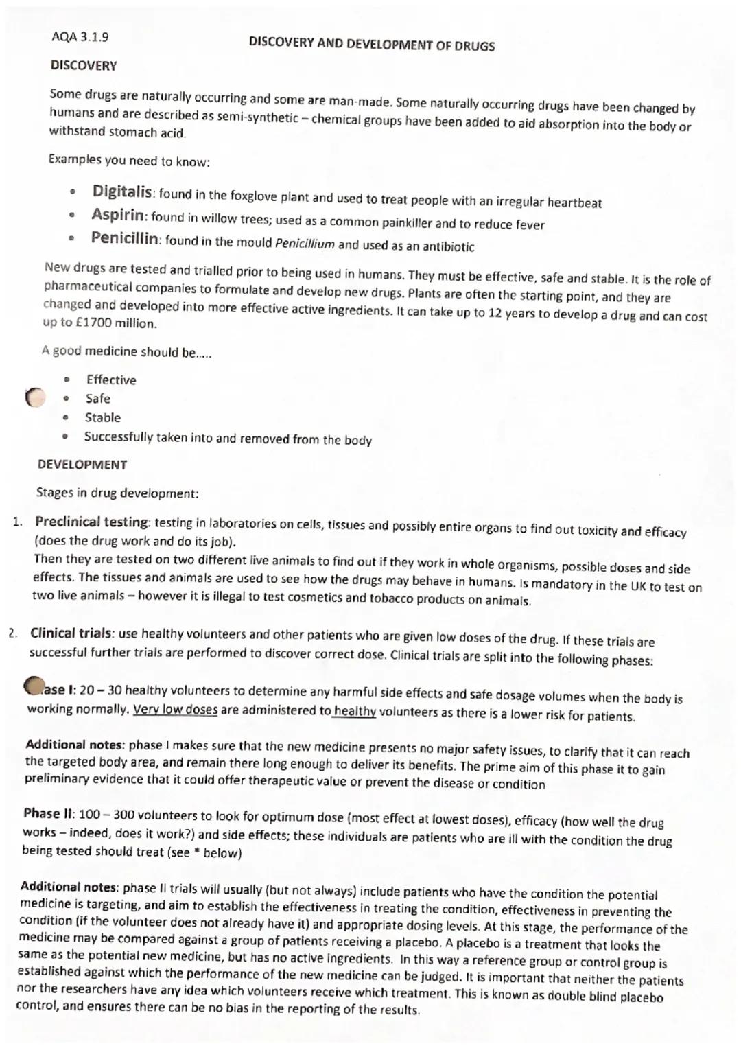AQA 3.1.9
O
DISCOVERY
Some drugs are naturally occurring and some are man-made. Some naturally occurring drugs have been changed by
humans a