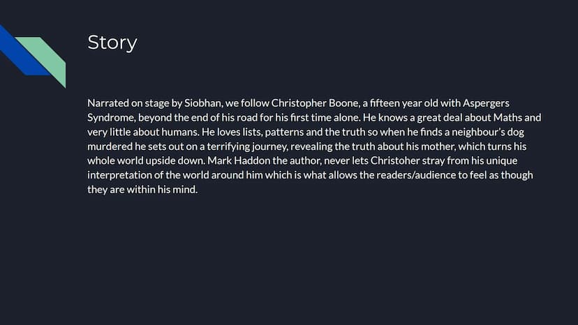 The Curious Incident
of the Dog in the
Night-Time
Aoife, Lia, Tom Themes
Family
Through Christopher's relationships with his mother and fath