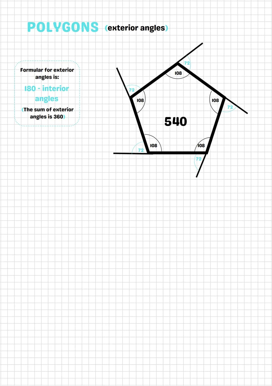 POLYGONS interior angles)
Regular polygons
Regular means that all the angles and sides are the same
180
Triangle
900
Answer = 162
360
Square