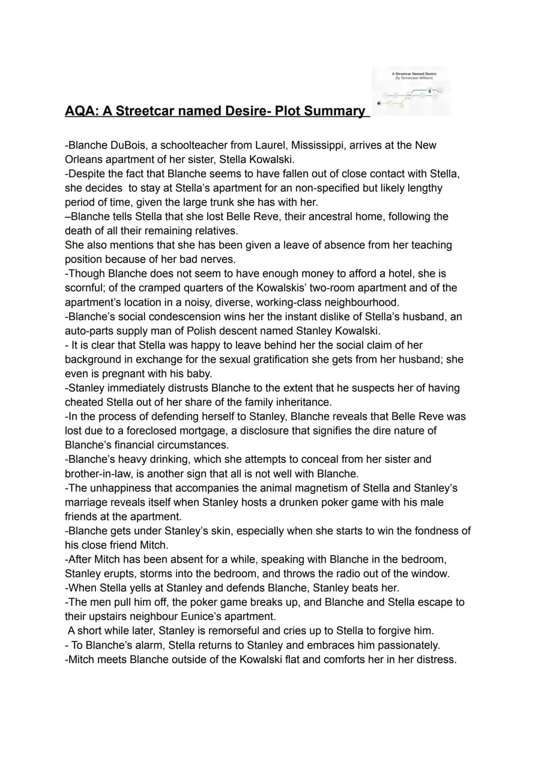 A Streetcar Named Desire
By Tennessee Williams
1-4
AQA: A Streetcar named Desire- Plot Summary
-Blanche DuBois, a schoolteacher from Laurel,