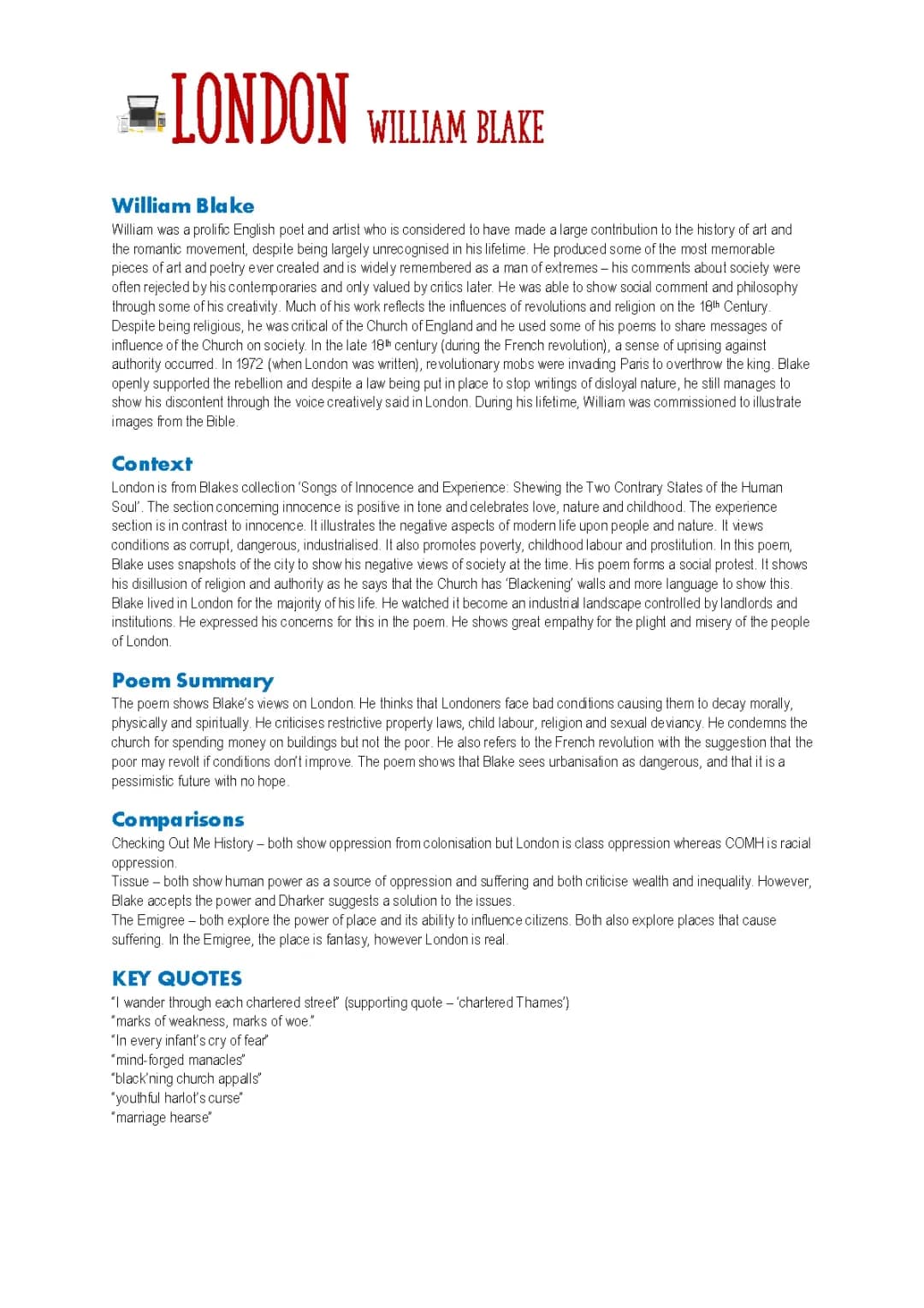 London Context and Summary - Power and Conflict Poetry