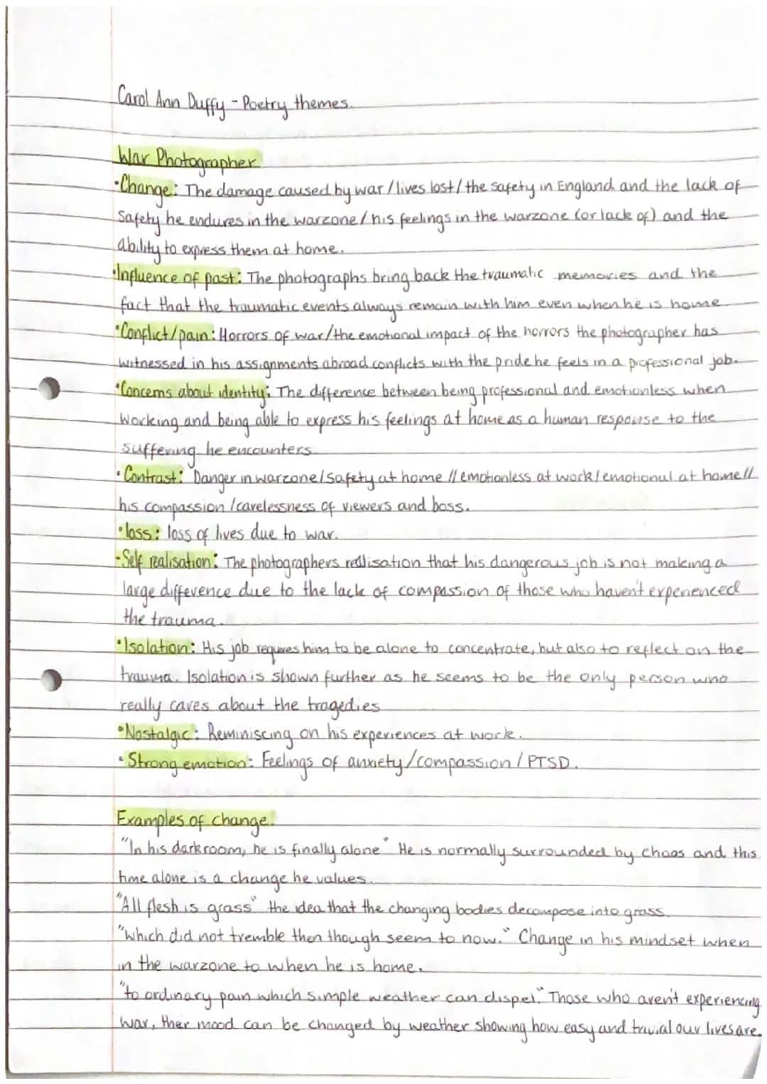 2
2
Carol Ann Duffy - Poetry themes.
War Photographer
• Change: The damage caused by war / lives lost/ the safety in England and the lack of