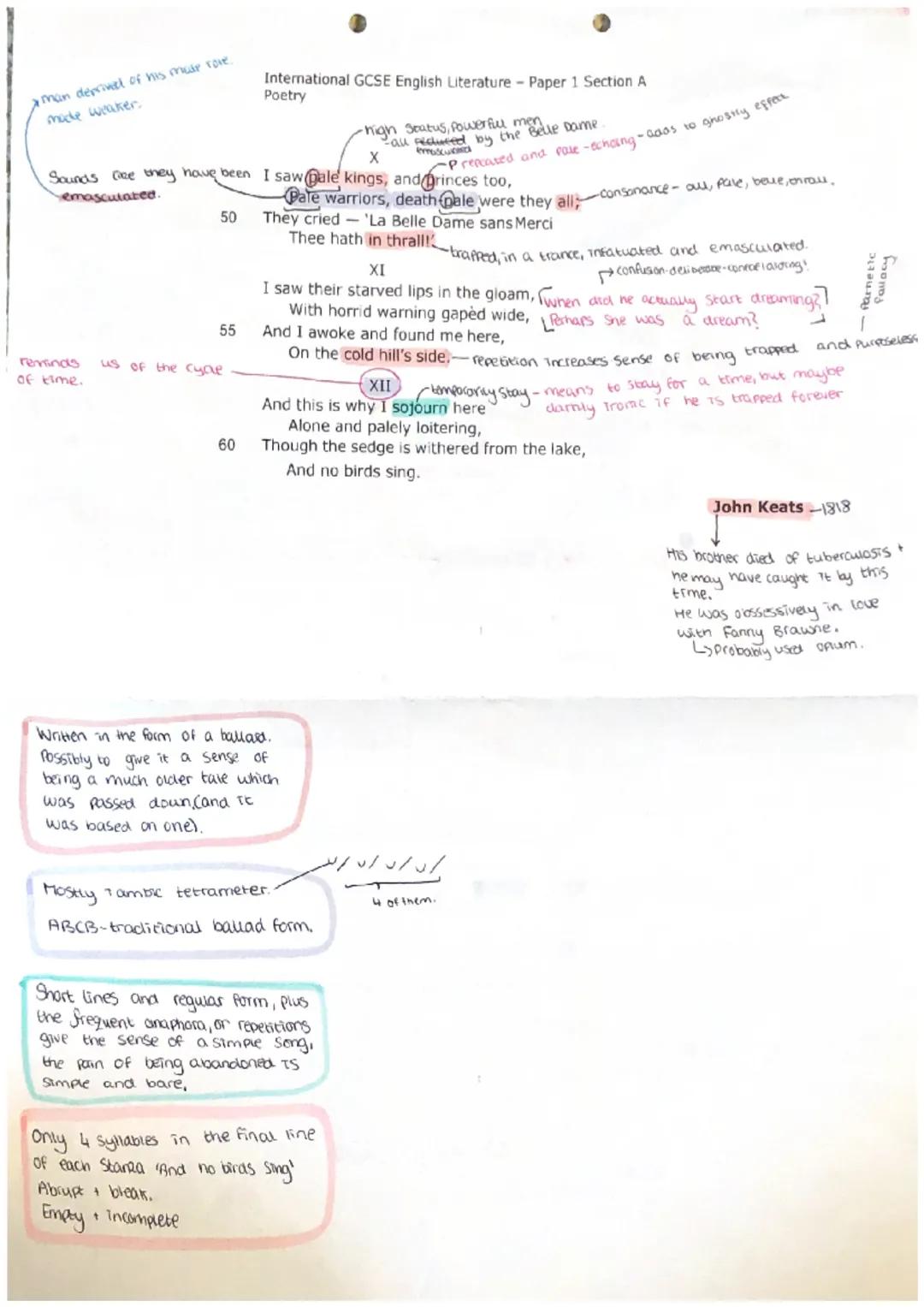 International GCSE English Literature Paper 1 Section A Poetry
 The beautiful ladly without mercy actually the title of a
 15th Century Fren