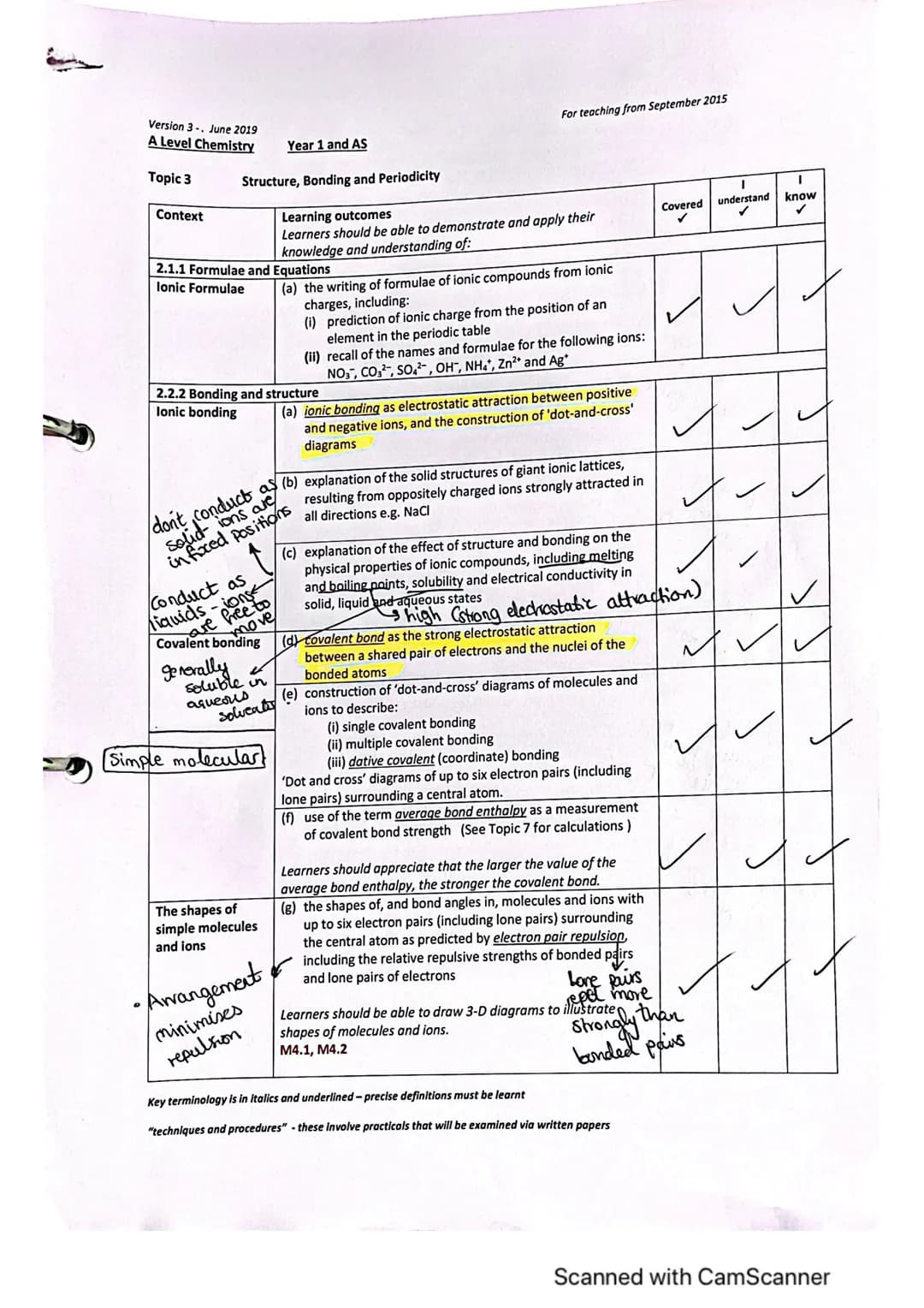 Version 3. June 2019
A Level Chemistry
Topic 3
Context
Year 1 and AS
Structure, Bonding and Periodicity
2.1.1 Formulae and Equations
lonic F