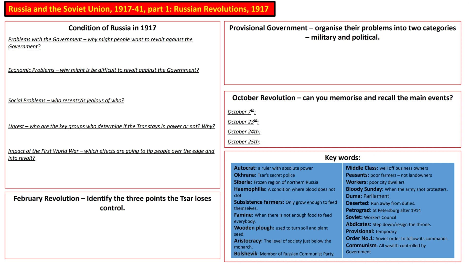 Russia and the Soviet Union, 1917-41, part 1: The end of Tsardom
Russia before 1914
Problems with the Government
Russia was a divided countr