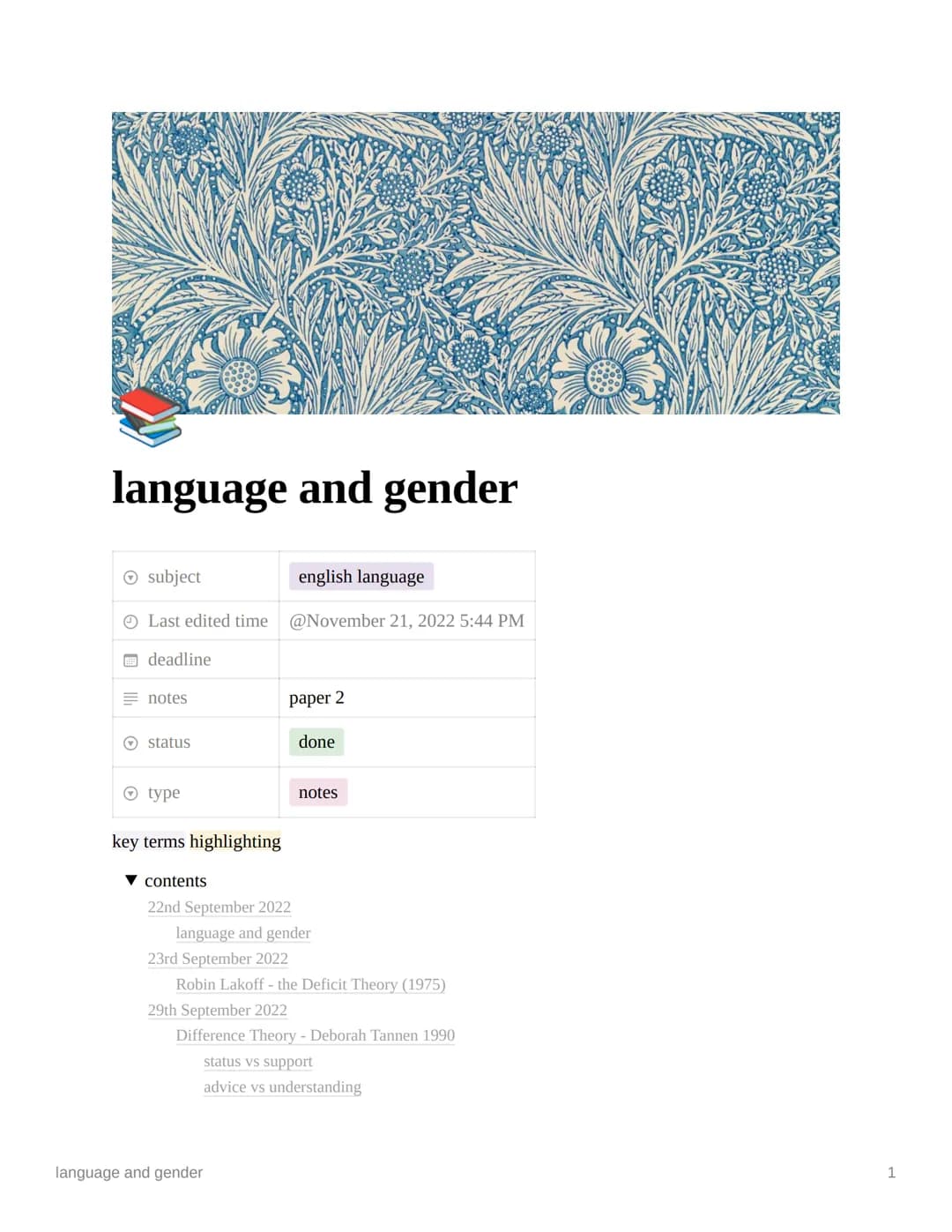 language and gender
Ⓒsubject
english language
Last edited time @November 21, 2022 5:44 PM
deadline
= notes
status
© type
key terms highlight