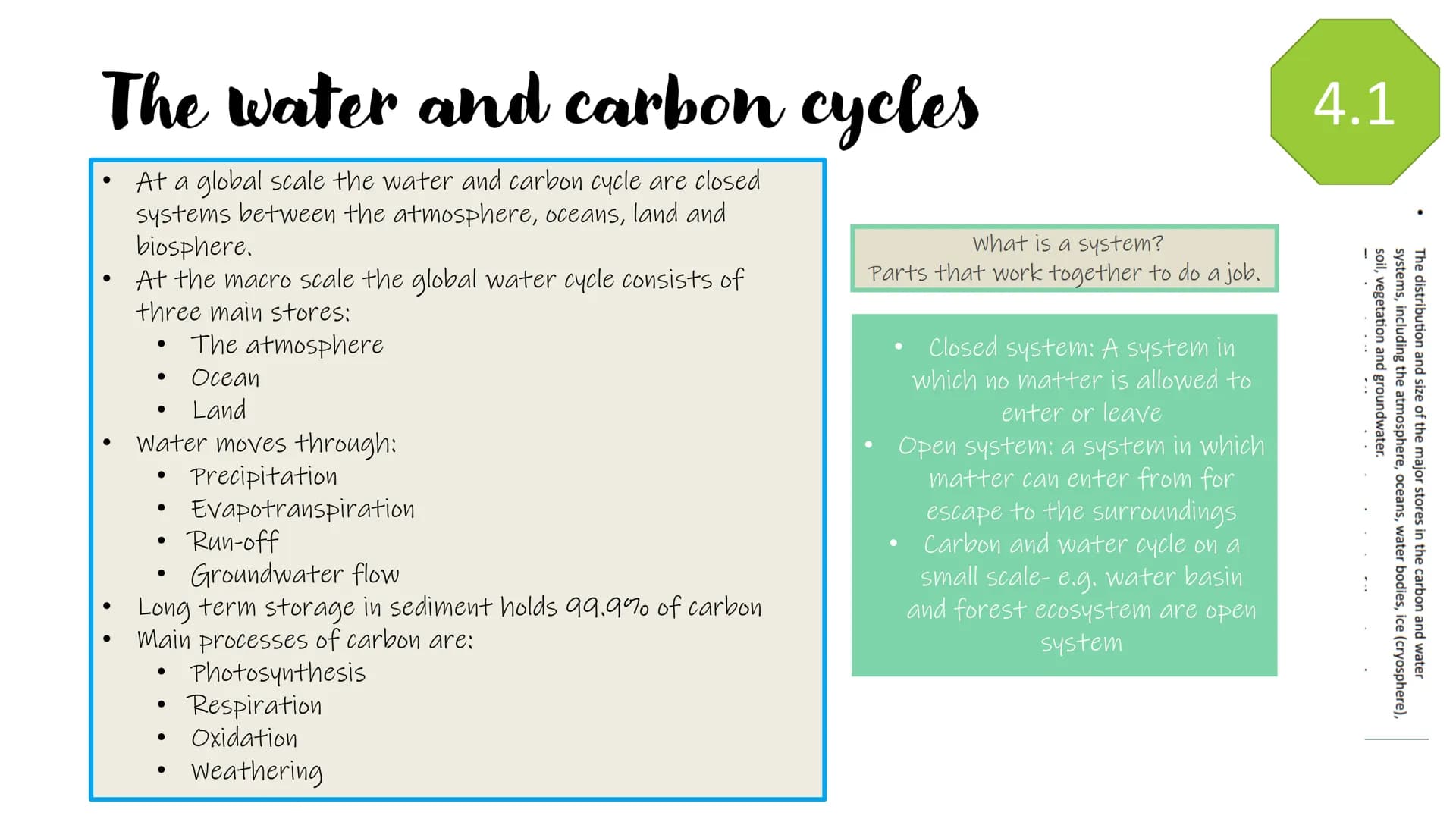Earths life
support systems
Revision powerpoint ●
●
The importance of water and carbon 4.1
to life of earth?
Water
●
Water helps to create t
