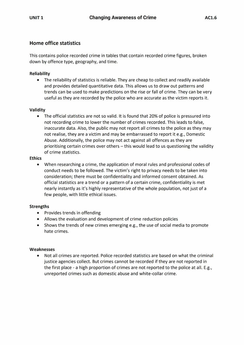 UNIT 1
Changing Awareness of Crime
AC1.6 Evaluate methods of collecting statistics about crime
O
AC1.6
Purpose of research
The purpose of co