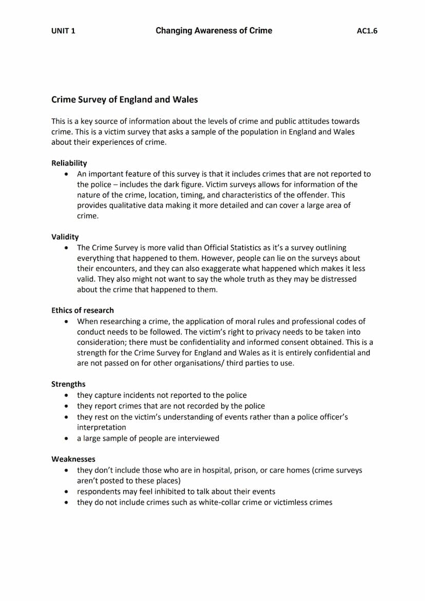 UNIT 1
Changing Awareness of Crime
AC1.6 Evaluate methods of collecting statistics about crime
O
AC1.6
Purpose of research
The purpose of co