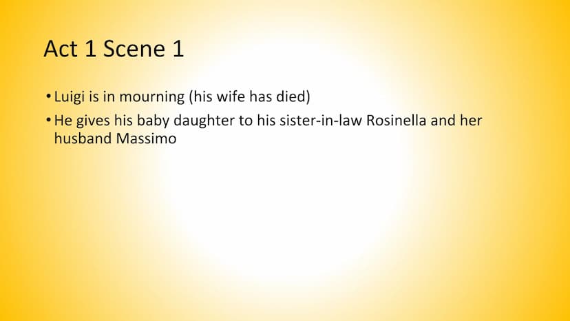 Tally's Blood Act 1 Scene 1
• Luigi is in mourning (his wife has died)
He gives his baby daughter to his sister-in-law Rosinella and her
hus