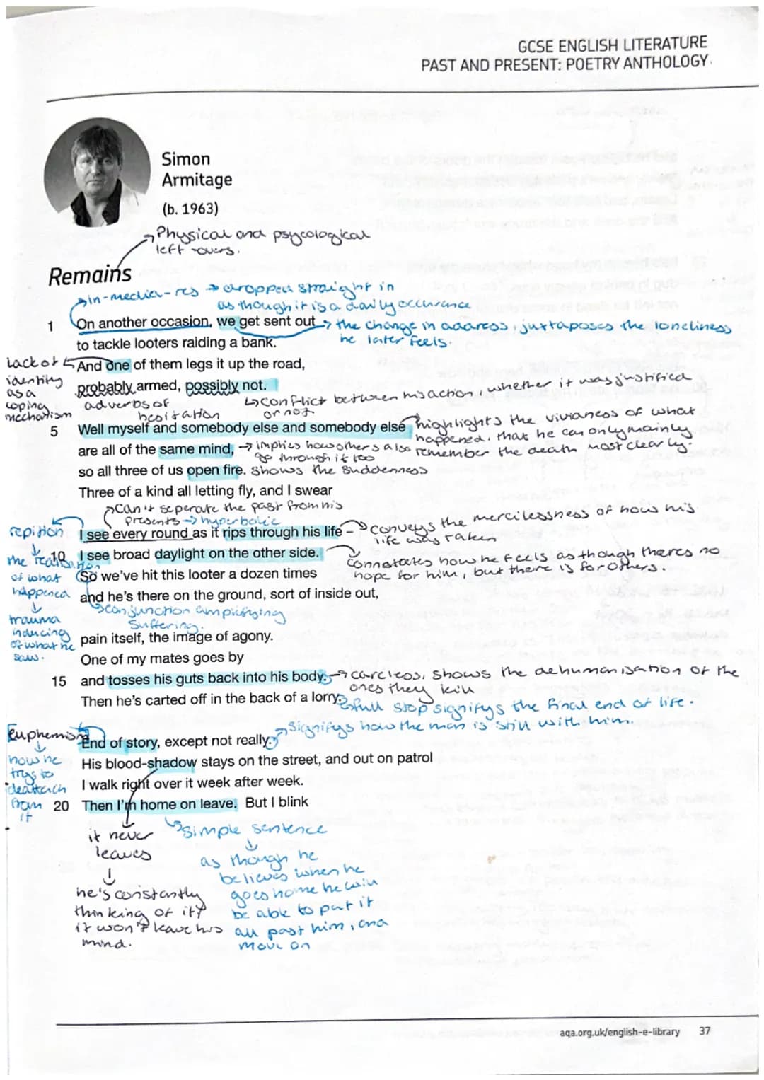 GCSE ENGLISH LITERATURE
PAST AND PRESENT: POETRY ANTHOLOGY
1
Remains
Simon
Armitage
(b. 1963)
Physical and psycological
left-overs.
Sin-medi