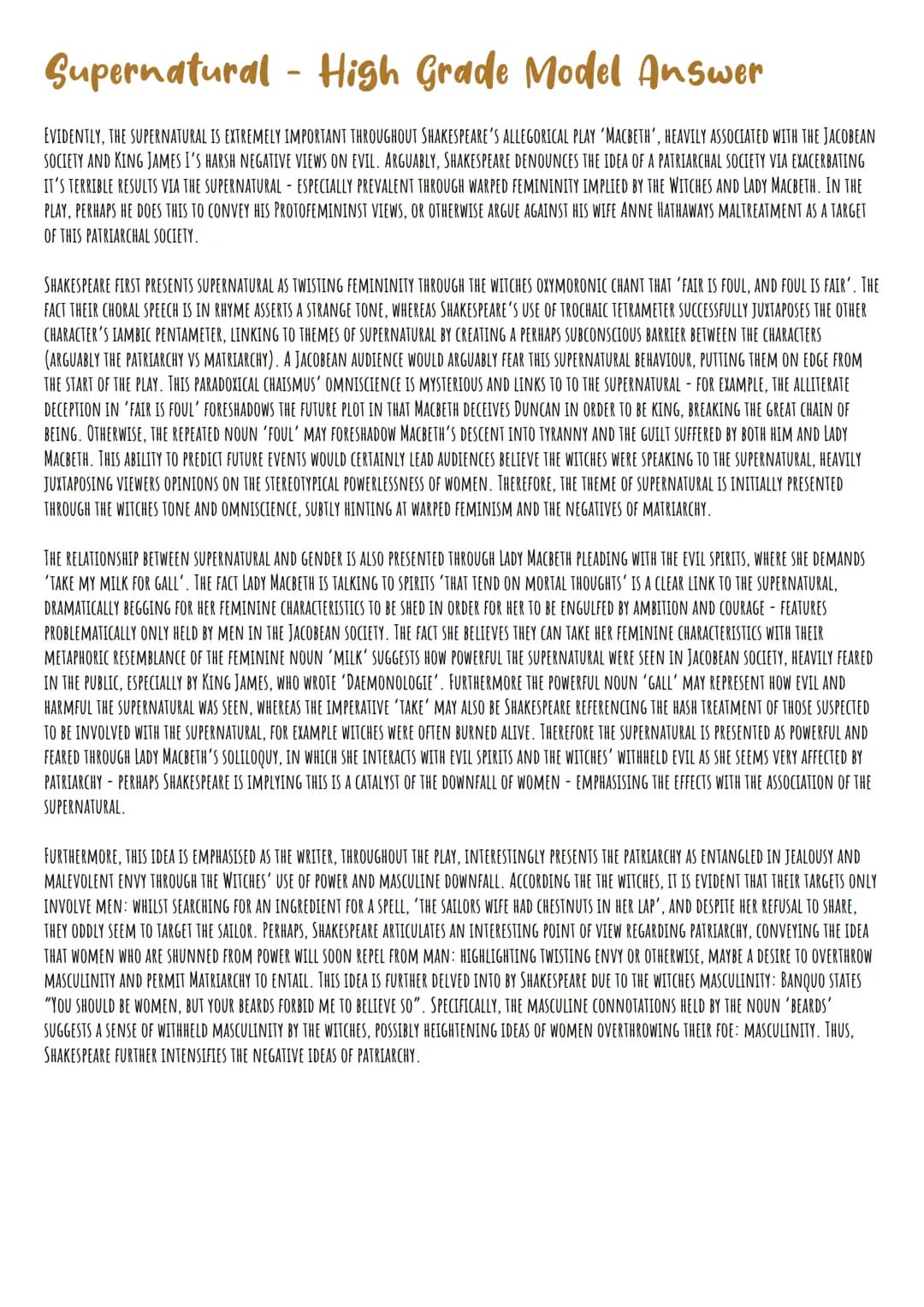 Supernatural - High Grade Model Answer
EVIDENTLY, THE SUPERNATURAL IS EXTREMELY IMPORTANT THROUGHOUT SHAKESPEARE'S ALLEGORICAL PLAY 'MACBETH