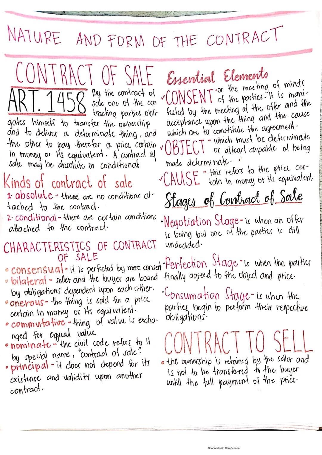 NATURE AND FORM OF THE CONTRACT
CONTRACT OF SALE Essential Elements
ART. 1458
✓
one of the con
By the contract of CONSENT of the parties. It