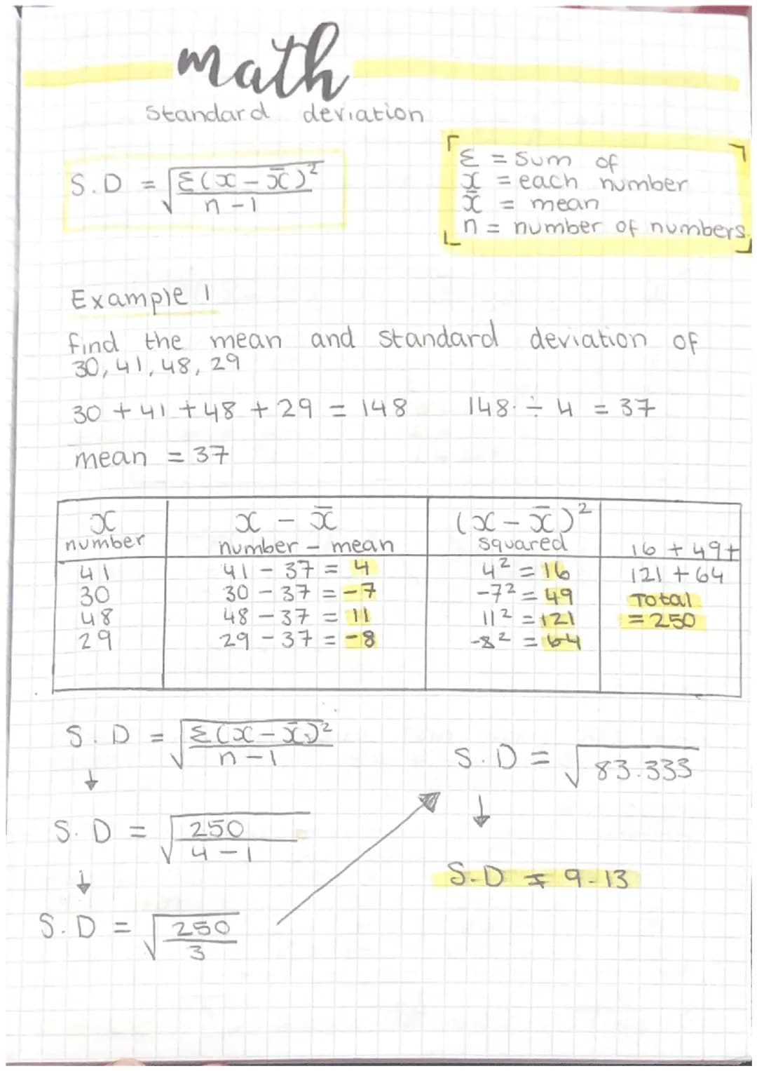 OC
number
S.D=√(x - 5)²
41
30
48
29
math
Standard
S.D
Example I
find the mean and standard deviation of
30, 41, 48, 29
30 +41 +48 + 29 = 148