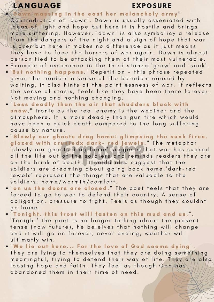 SUMMARY
EXPOSURE
The poem is written from the point of view of a WW1 soldier
describing living through the miseery, bordem and icy
weather c