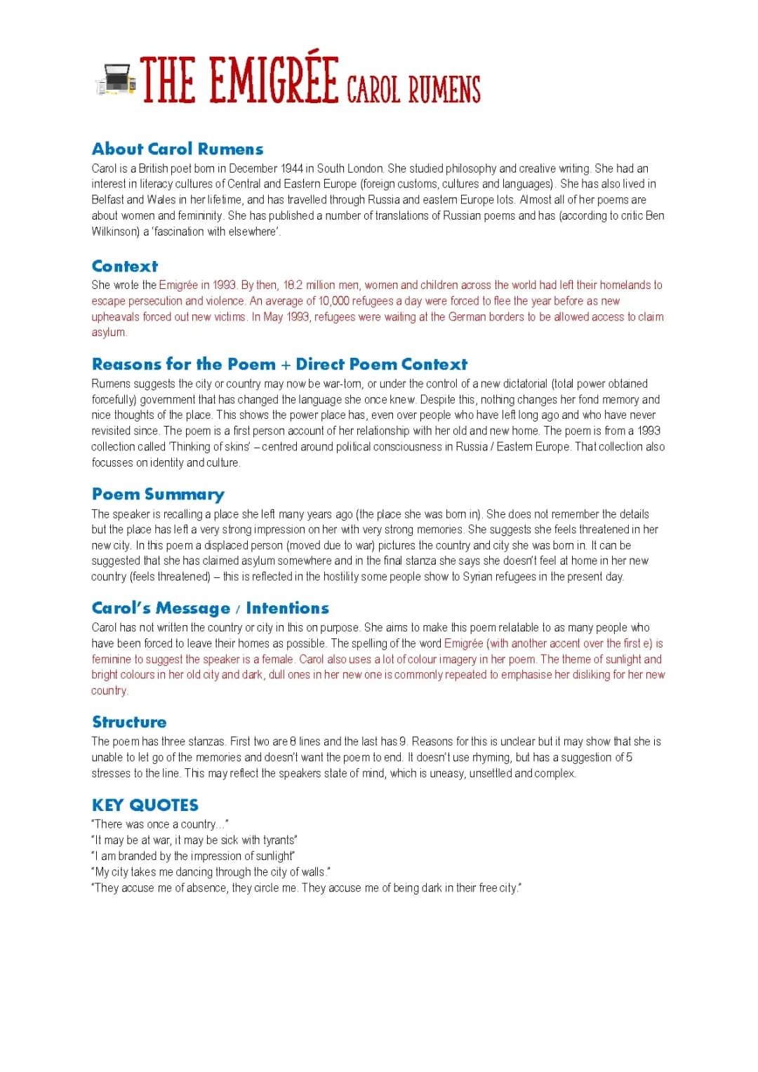 The Emigree Context and Summary - Power and Conflict Poetry