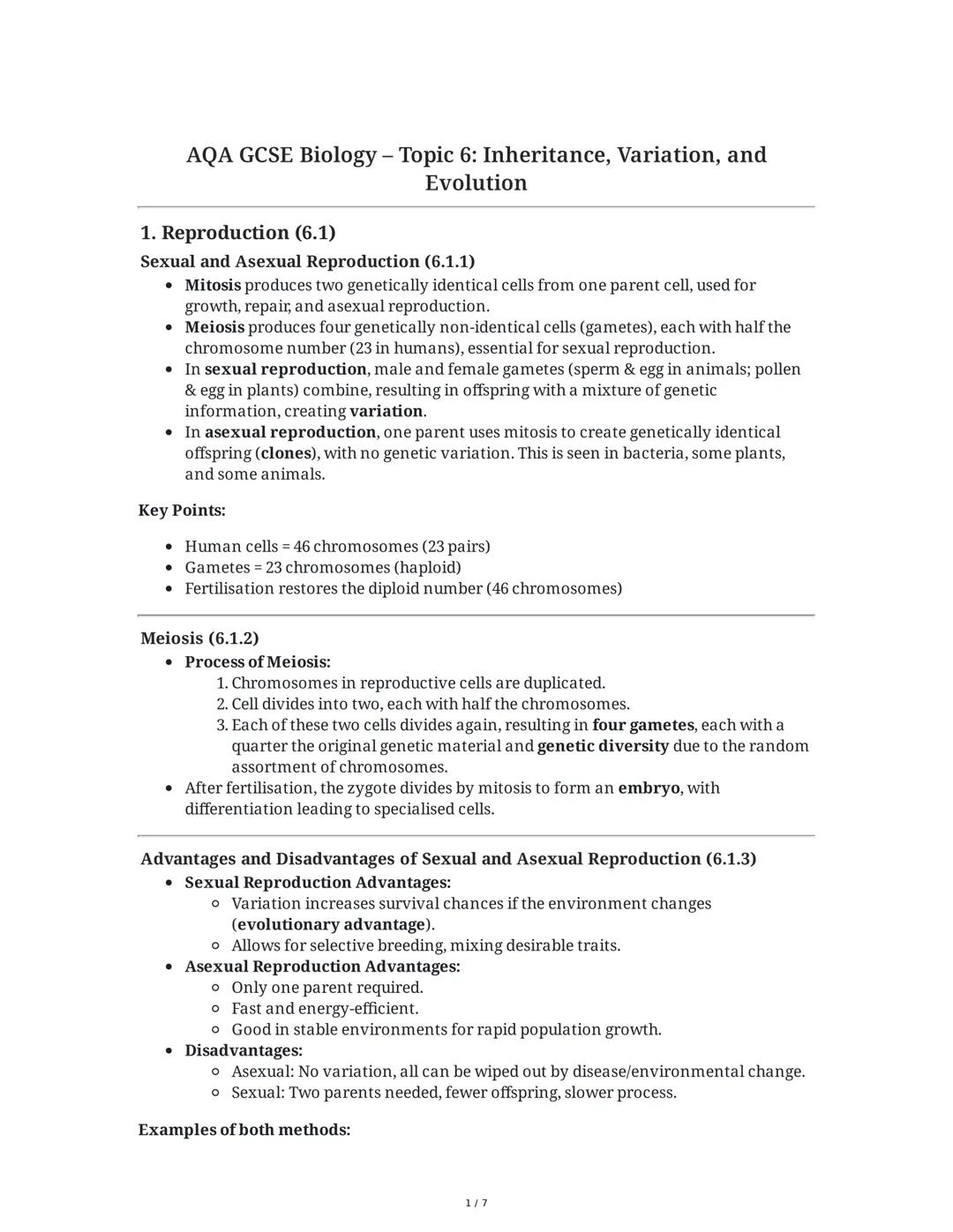 # AQA GCSE Biology – Topic 6: Inheritance, Variation, and Evolution

1. Reproduction (6.1)

Sexual and Asexual Reproduction (6.1.1)

* Mitos