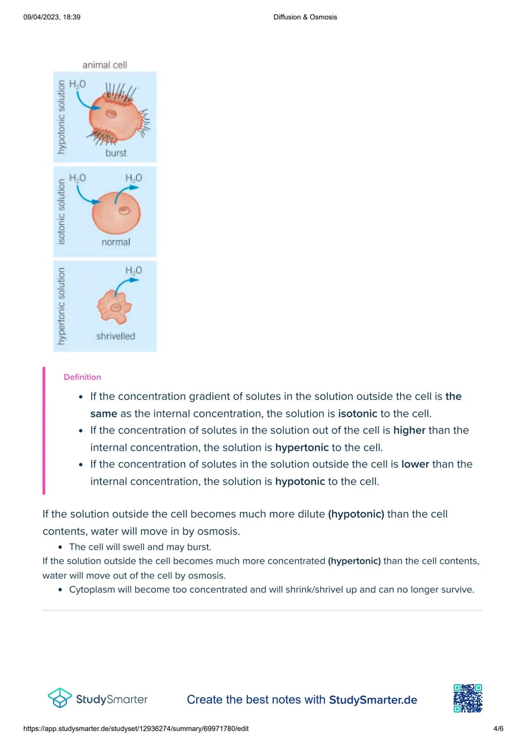 09/04/2023, 18:39
Diffusion & Osmosis
Diffusion:
Definition
●
Diffusion - The movement of particles form an area of high concentration to lo