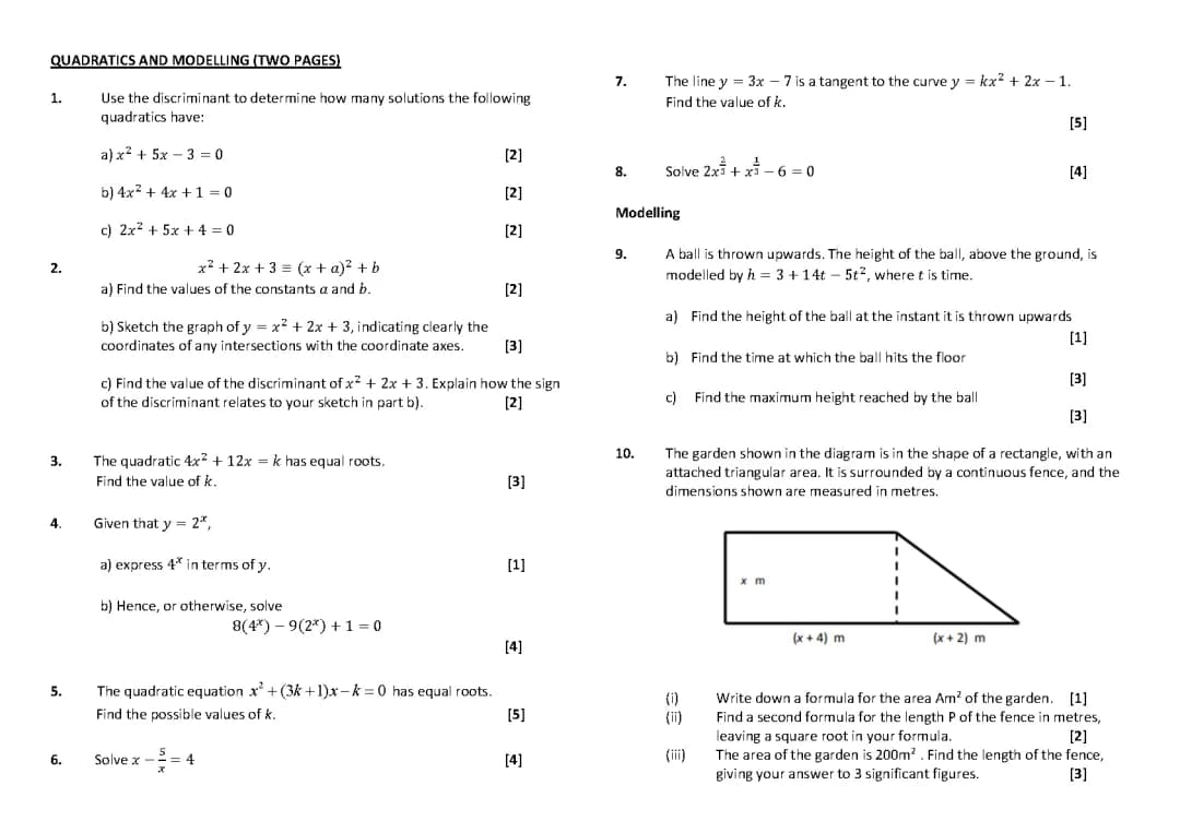 Quadratics and Modelling Questions 