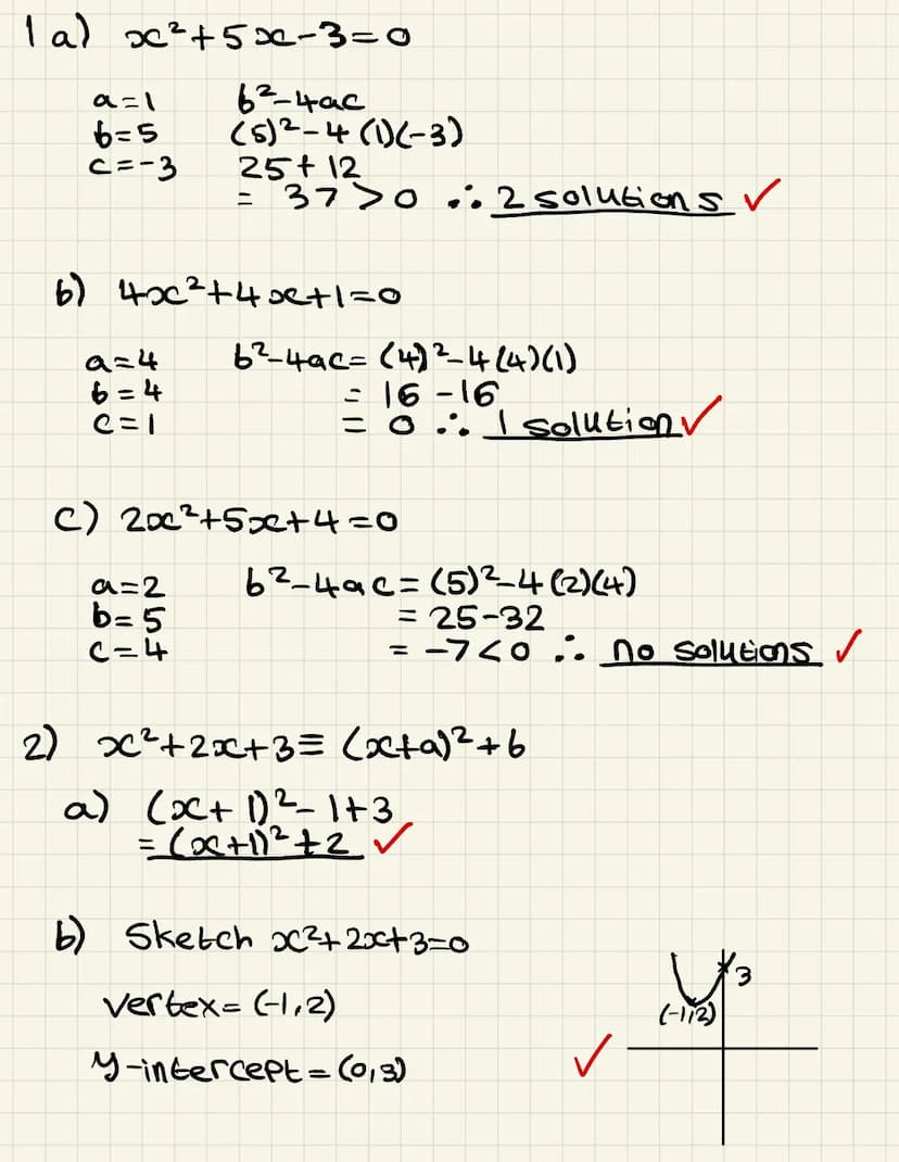 QUADRATICS AND MODELLING (TWO PAGES)
1.
2.
3.
4.
5.
6.
Use the discriminant to determine how many solutions the following
quadratics have:
a