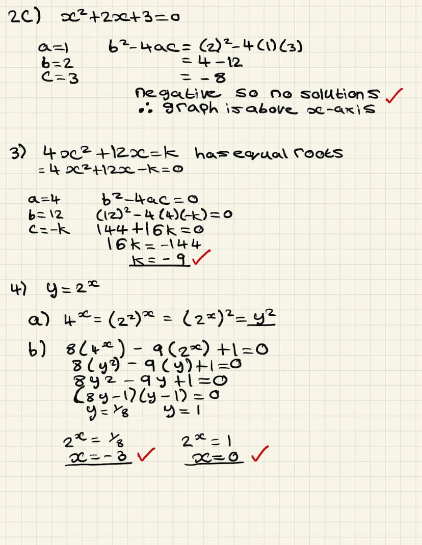 QUADRATICS AND MODELLING (TWO PAGES)
1.
2.
3.
4.
5.
6.
Use the discriminant to determine how many solutions the following
quadratics have:
a
