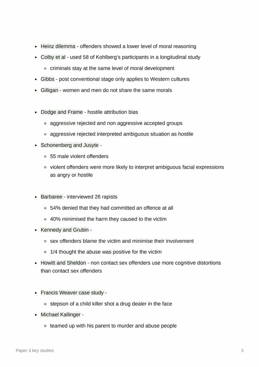 3
Paper 3 key studies
Forensic psychology
• Goodwin - the top down approach is too simplistic and cannot categorise all
criminals
●
●
●
Cant