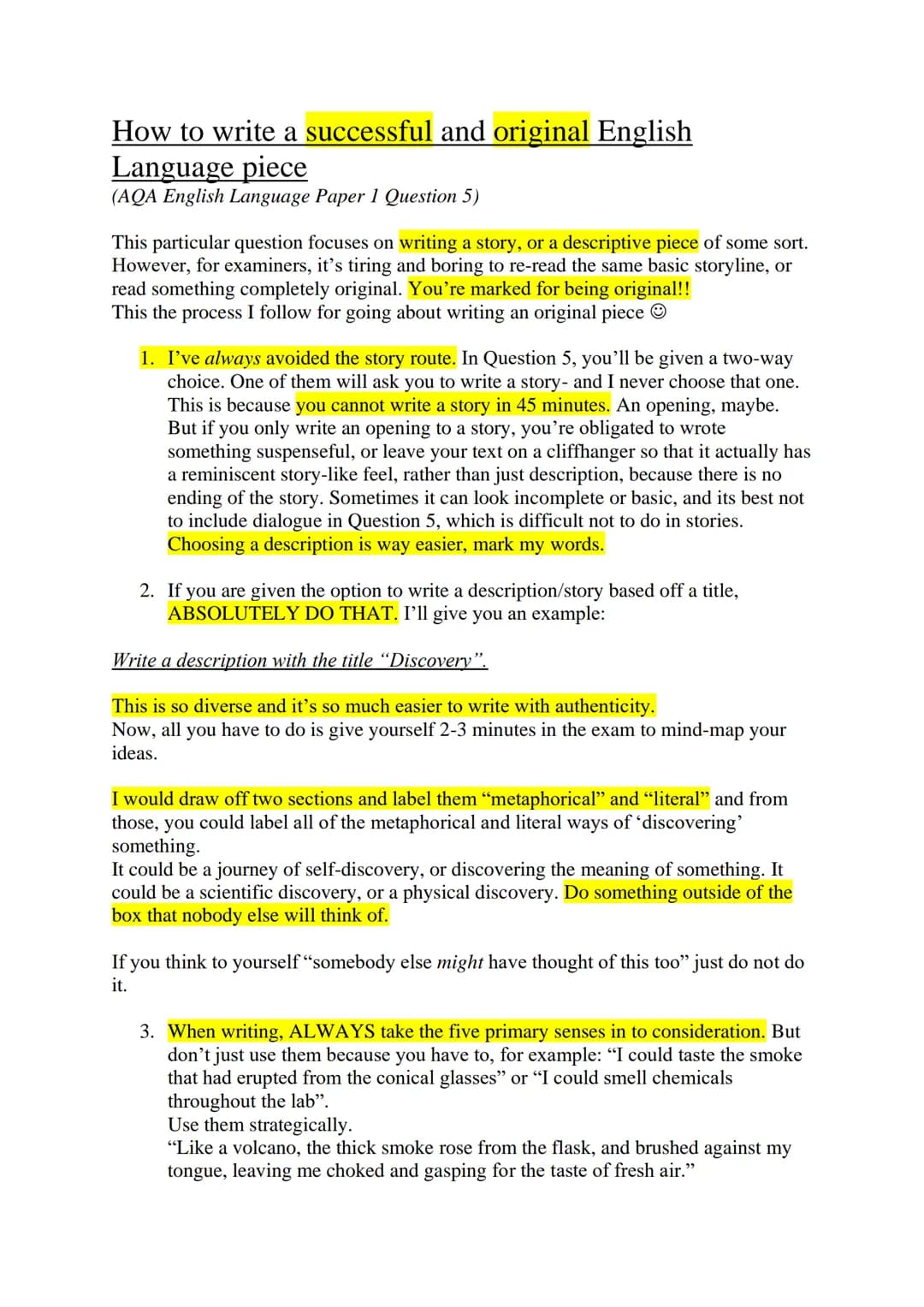 How to write a successful and original English
Language piece
(AQA English Language Paper 1 Question 5)
This particular question focuses on 
