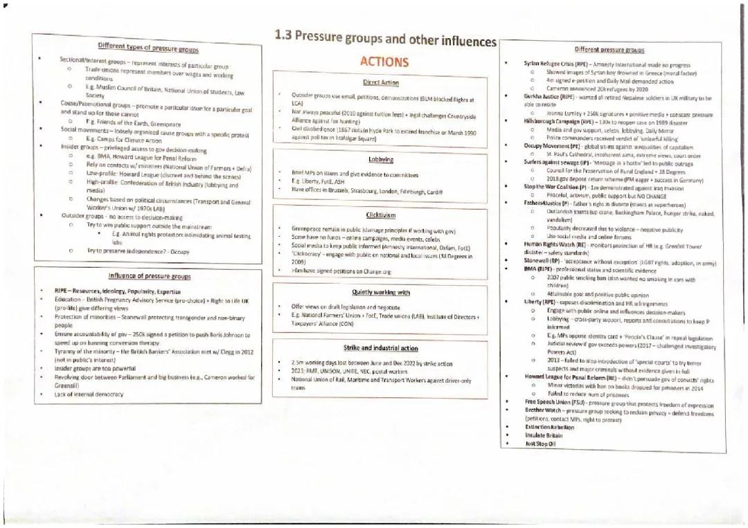 Revision notes - pressure groups and other influences