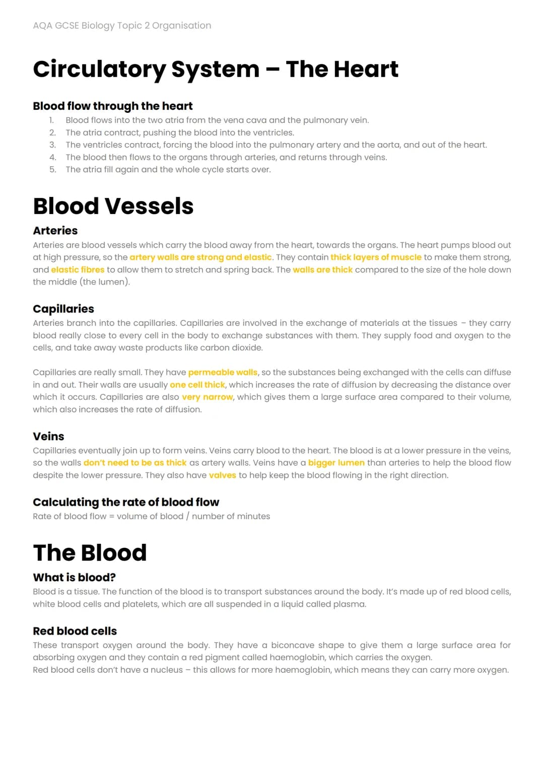AQA GCSE Biology Topic 2 Organisation
Circulatory System - The Heart
Blood flow through the heart
1. Blood flows into the two atria from the