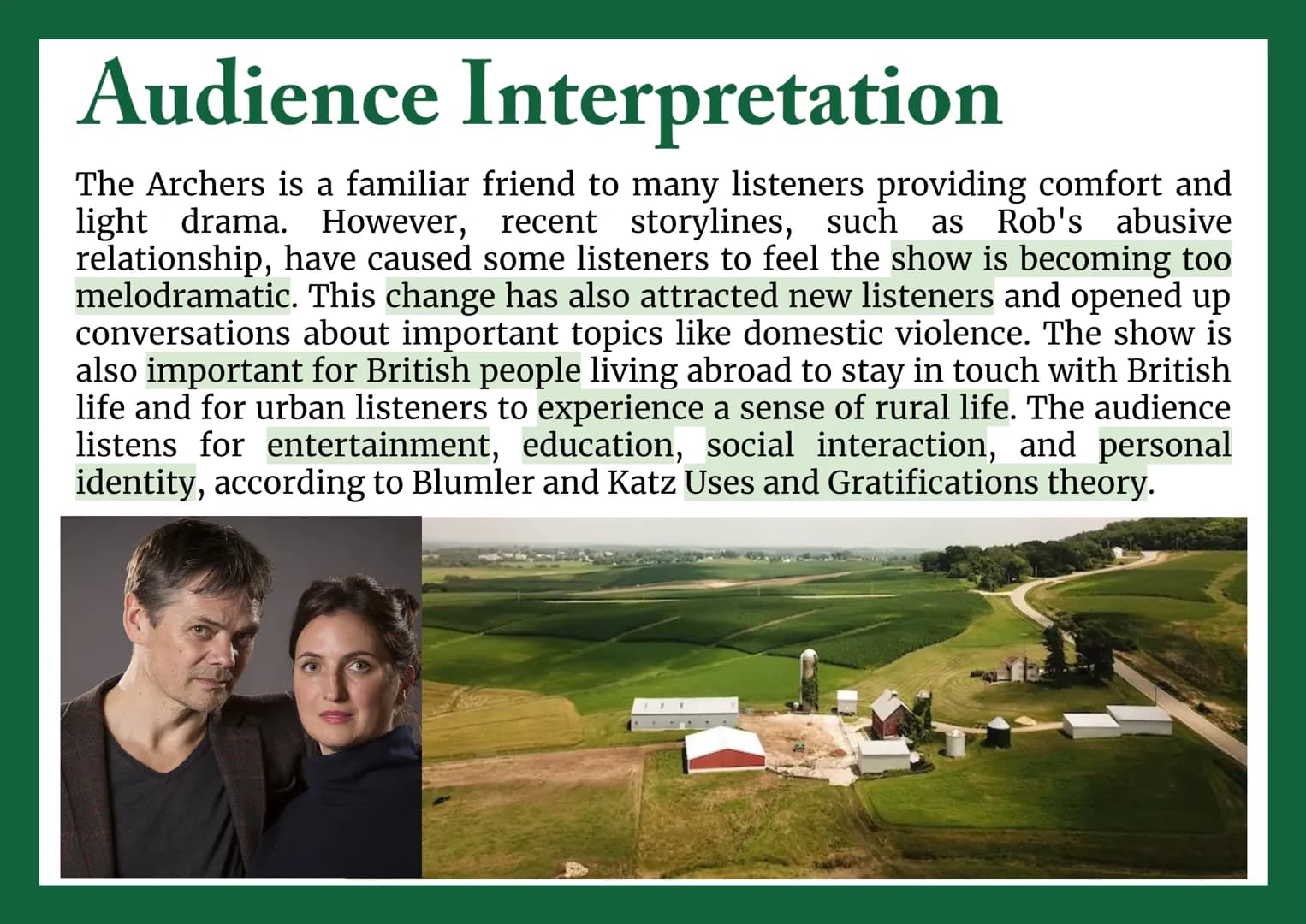 The Archers
Media Studies GCSE Context
Background Context
The Archers: radio show
on Radio Four
5+ million listeners,
significant in British