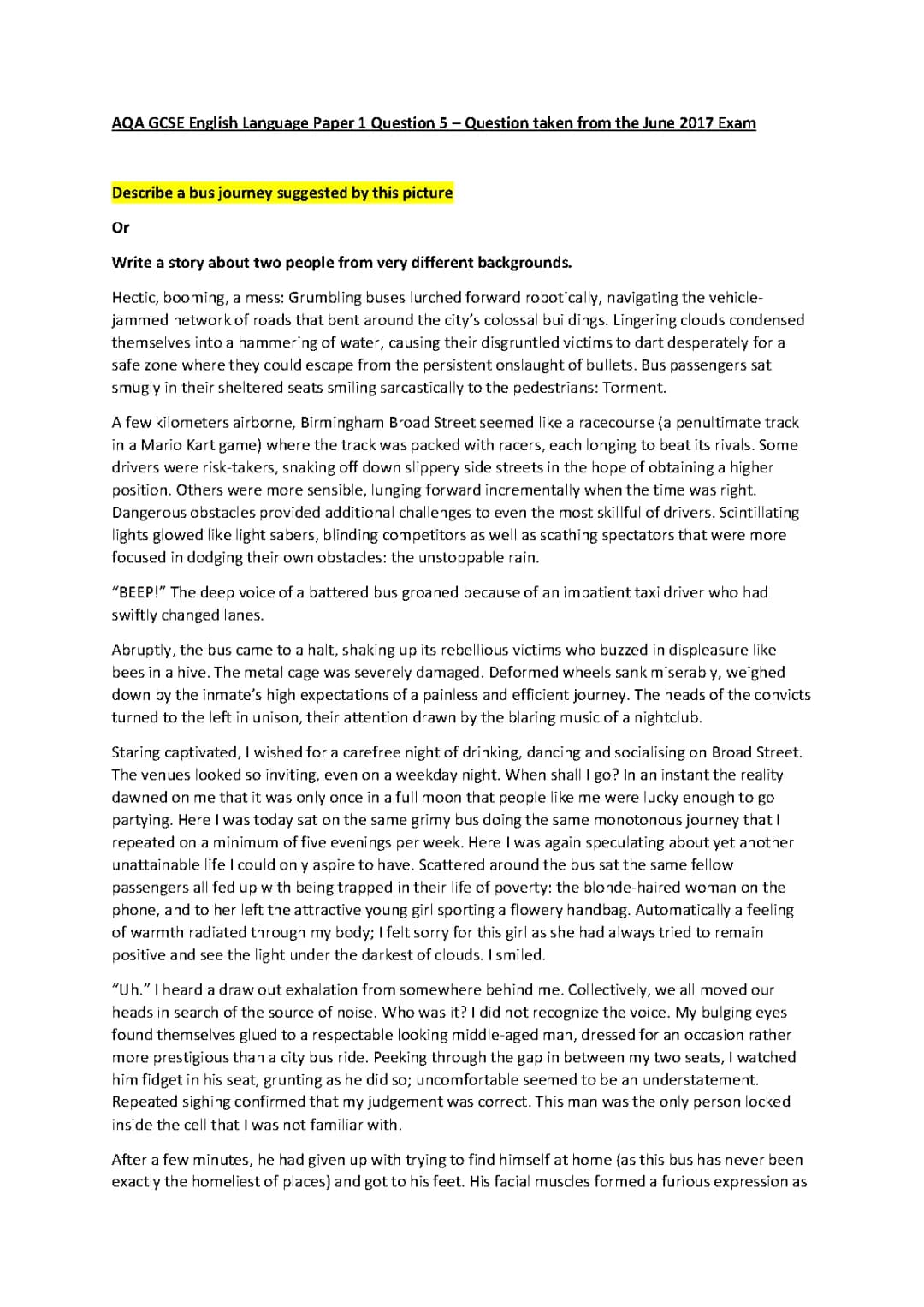 AQA GCSE English Language Paper 1 Question 5 - FULL RESPONSE