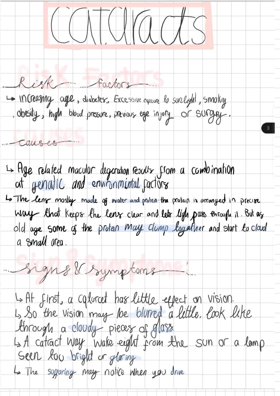 Cataracts

Risk Factors.....
↳ increasing age, diabetes, Excessive expure to sunloghl, smoking
Obesity, high blood pressure, previous eye in
