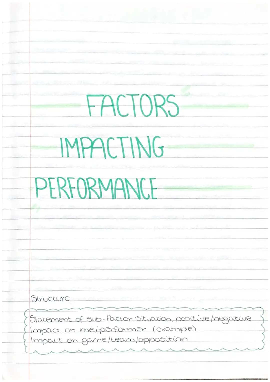 FACTORS
IMPACTING
PERFORMANCE
Structure
Statement of Sub-factor, Situation, positive/negative
Impact
on
Impact
On
me/performer (example)
gam