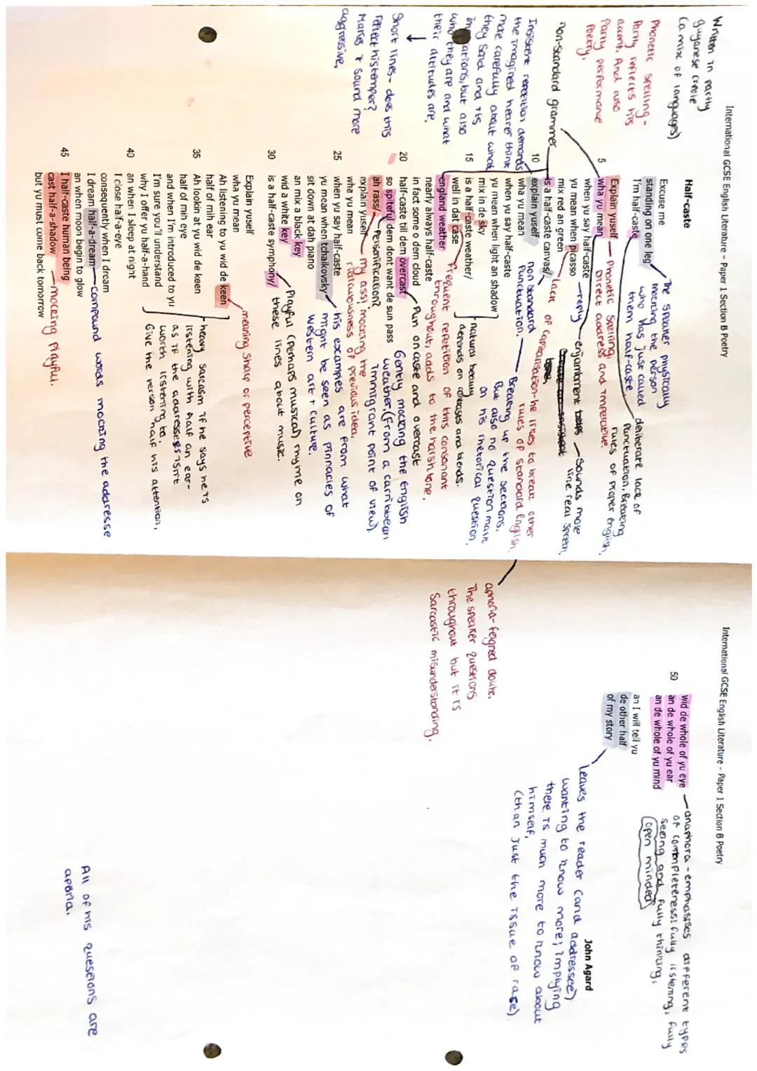International GCSE English Literature - Paper 1 Section B Poetry
Written in partly
guyanese creole
(a mix of languages)
Phonetic spelling-
P
