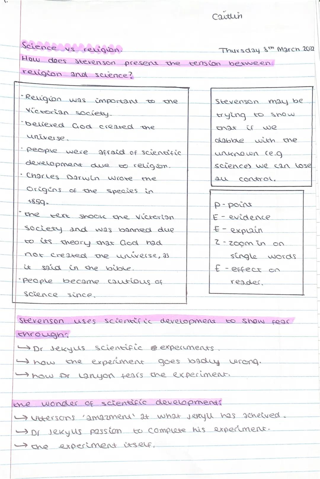 Science vs religion.
How does Stevenson. present the
religion and science?
- Religion was important
Victorian society.
-believed God created