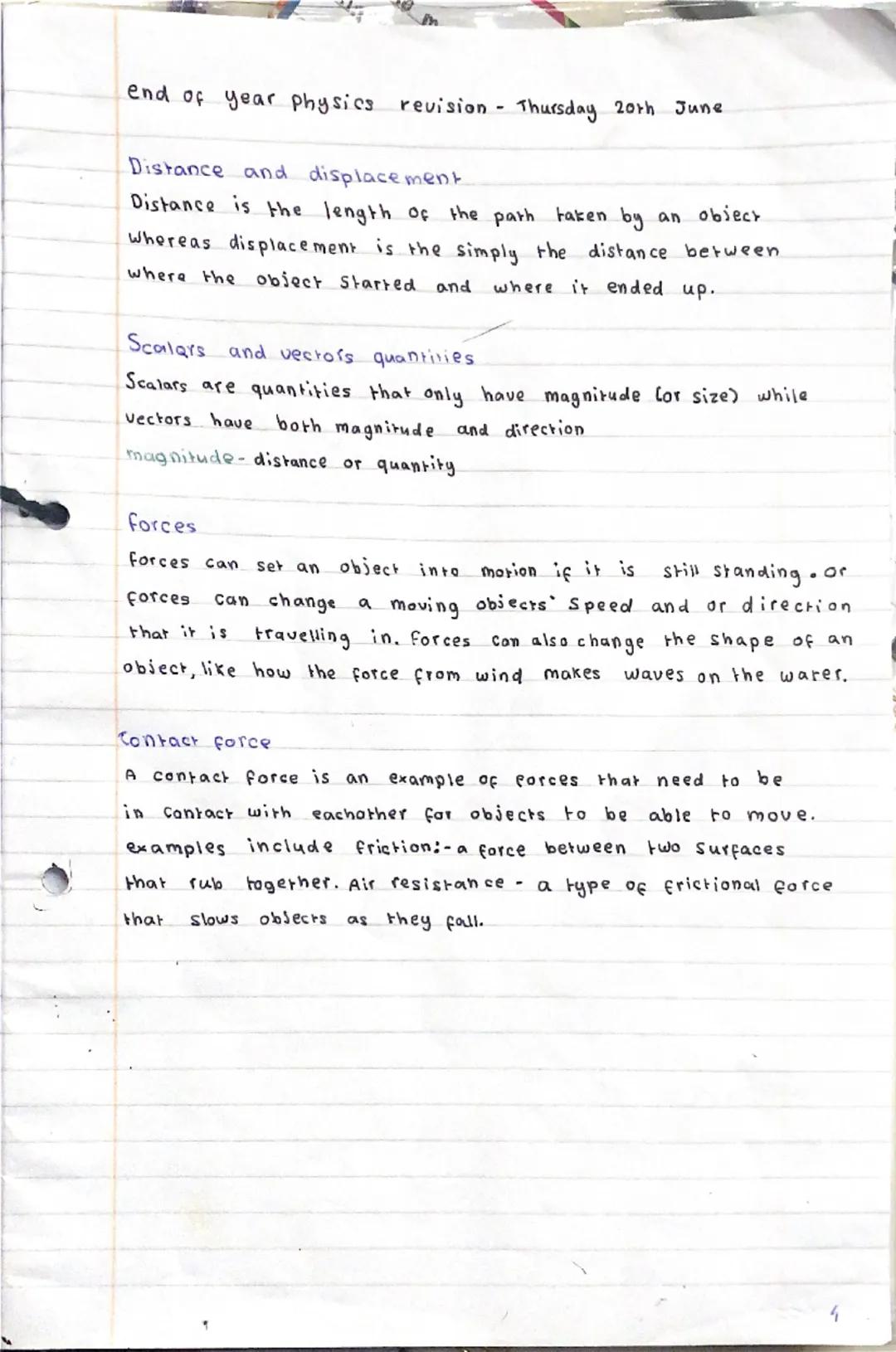 end of year physics revision - Thursday 20th June
Distance and displacement
Distance is the length of the path taken by an object
Whereas di