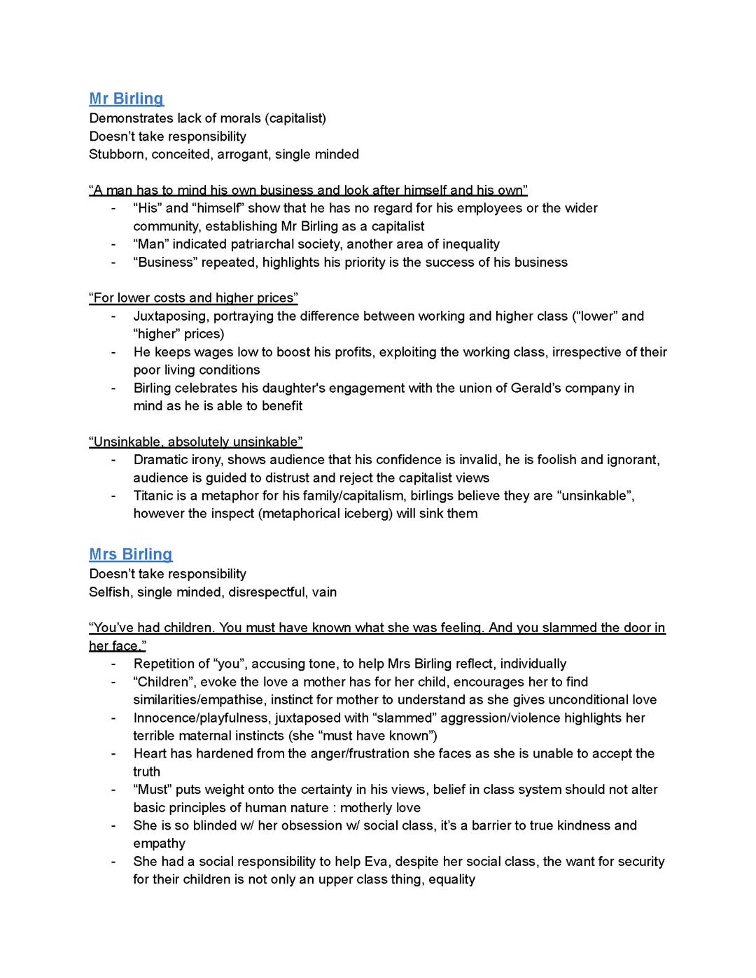 GCSE AQA English Literature "An Inspector Calls" characters with quotation analysis