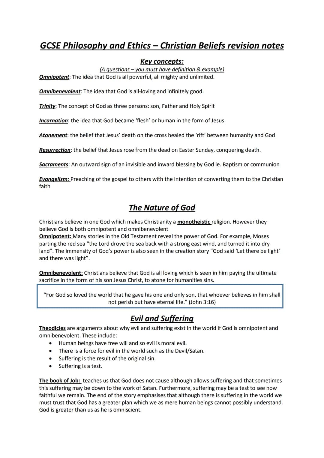 GCSE Philosophy and Ethics - Christian Beliefs revision notes
Key concepts:
(A questions - you must have definition & example)
Omnipotent: T