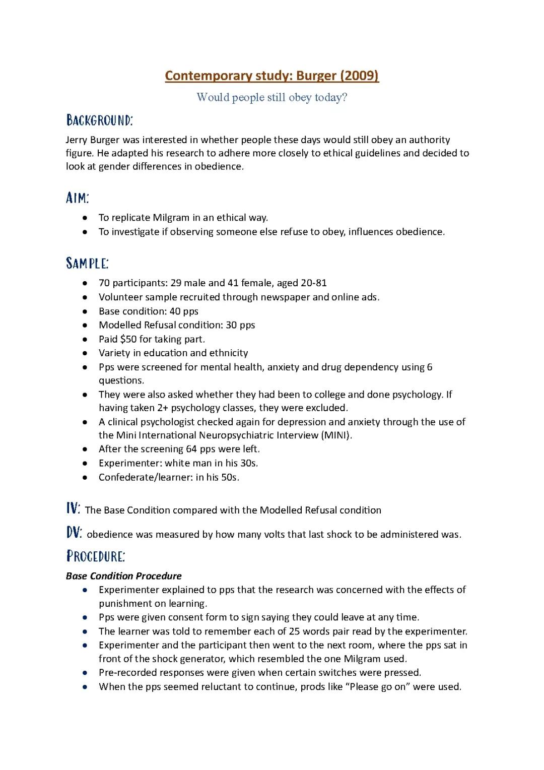 Contemporary study- Burger 2009